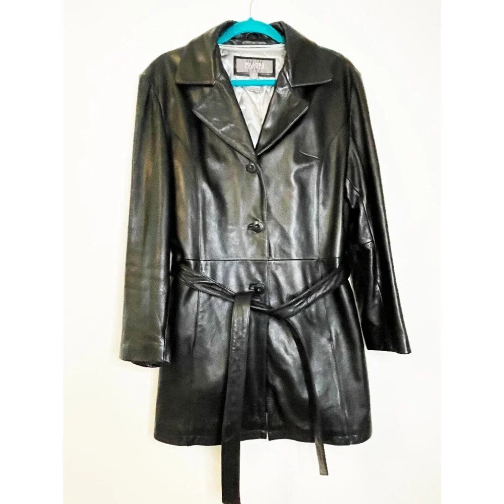 Wilsons Leather Black Genuine Leather Belted Coat Jacket Women’s L Thinsulate